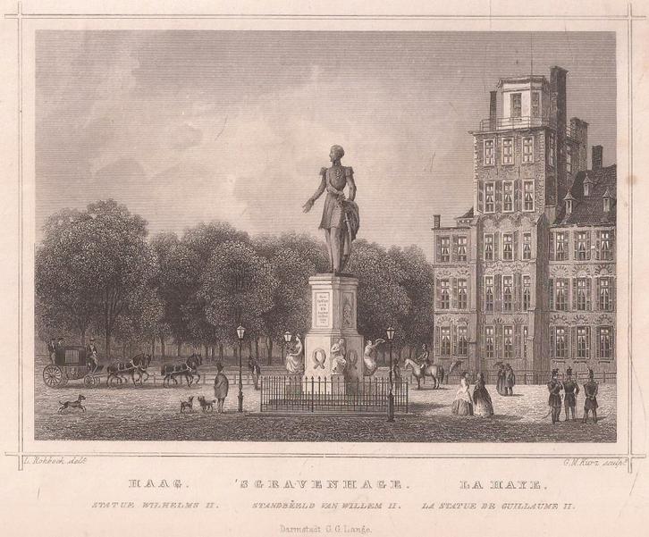 's Gravenhage Standbeeld van Willem II Staalgravure ca.1858, Antiek en Kunst, Kunst | Etsen en Gravures, Ophalen of Verzenden