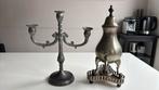Antieke vintage tinnen kandelaar en koffiekan met brander., Antiek en Kunst, Antiek | Tin, Ophalen of Verzenden