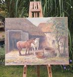 Prachtig groot oud schilderij paarden,Jan Koning, boerenerf, Ophalen of Verzenden