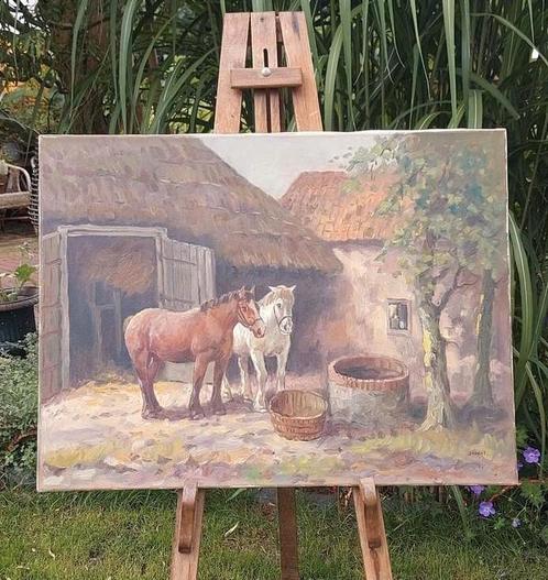 Prachtig groot oud schilderij paarden,Jan Koning, boerenerf, Antiek en Kunst, Kunst | Schilderijen | Klassiek, Ophalen of Verzenden