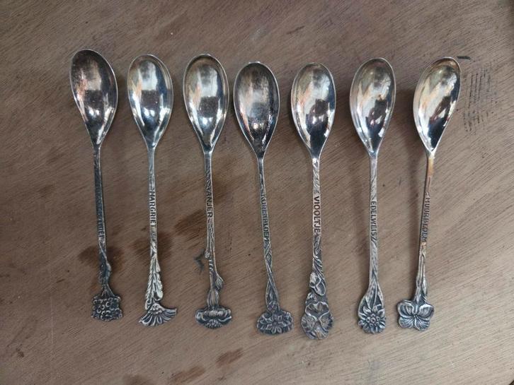 Verzilverde Lepeltjes met Namen - Set van 7, Antiek en Kunst, Antiek | Bestek, Ophalen of Verzenden