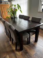 Donker koloniaal eettafel met 6 beige stoelen, Gebruikt, 200 cm of meer, Vijf personen of meer, Rechthoekig