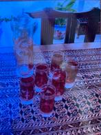 Antieke bierset kristal kan 6 glazen, gegraveerd motief., Ophalen of Verzenden