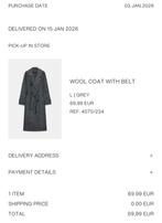 Wool Coat with belt Zara, Kleding | Dames, Jassen | Winter, Ophalen of Verzenden, Nieuw, Maat 42/44 (L), Grijs