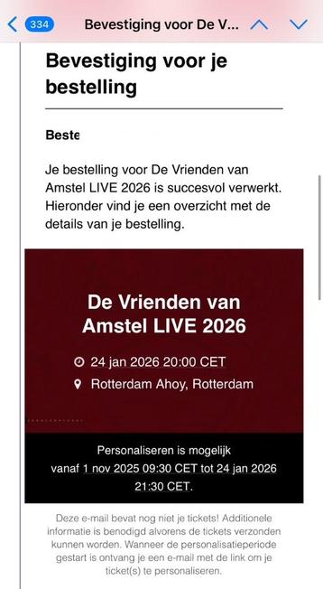 2 kaartjes Vrienden van Amstel Live 2026 zaterdag 24 januari beschikbaar voor biedingen
