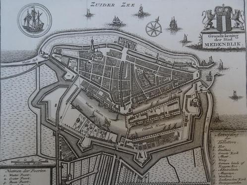originele gravure plattegrond Medemblik, uitg.Tirion 1743, Antiek en Kunst, Kunst | Etsen en Gravures, Verzenden