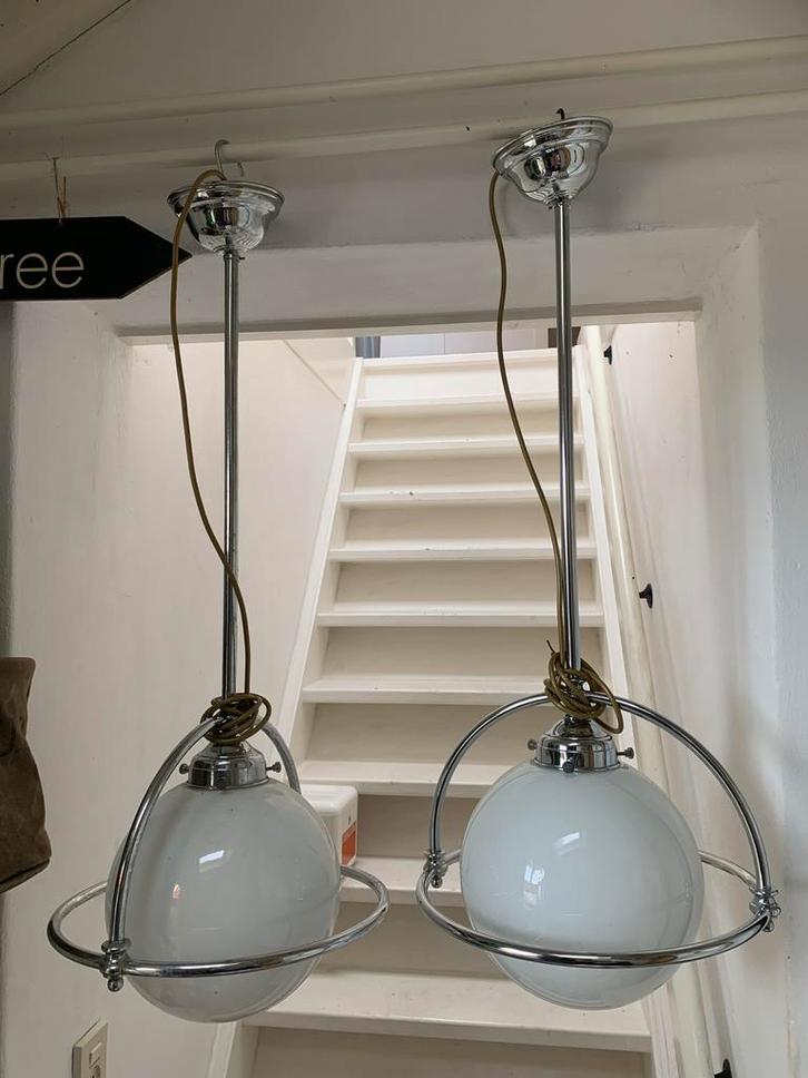 Vintage Opaline Hallampen Schoollampen - Set van 2, Huis en Inrichting, Lampen | Hanglampen, Gebruikt, 75 cm of meer, Glas, Ophalen