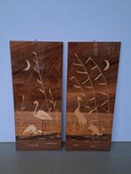 div. marqueterie intarsia water-vogels twee panelen 21x49cm, Antiek en Kunst, Ophalen of Verzenden
