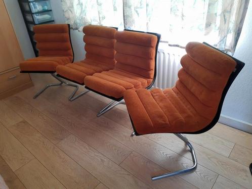 Space Age Design Stoelen - Retro jaren 70, Huis en Inrichting, Stoelen, Gebruikt, Vier, Hout, Metaal, Stof, Overige kleuren, Ophalen