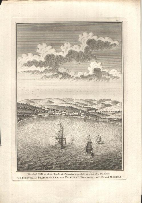 Gezigt van de stad en de ree van Funchal (1748), Antiek en Kunst, Kunst | Etsen en Gravures, Ophalen of Verzenden