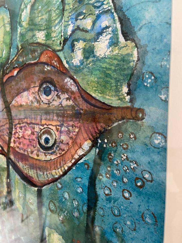 Prachtige aquarel vis in water. Dromerig. Zie alle foto’s., Antiek en Kunst, Kunst | Schilderijen | Modern, Ophalen