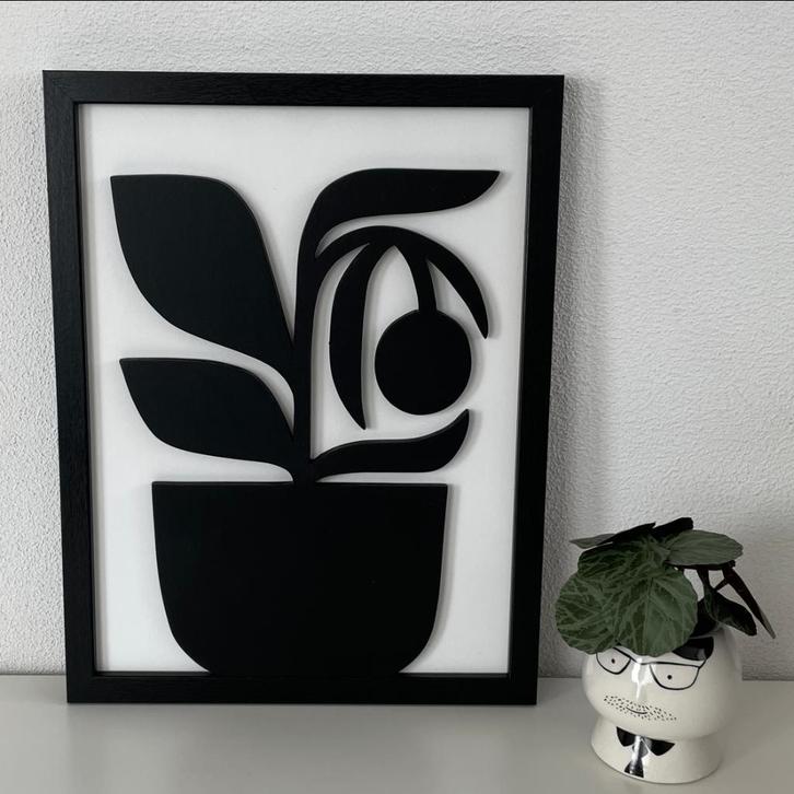 Schilderij van hout "plant in pot" - maat: 43 X 33 cm., Huis en Inrichting, Woonaccessoires | Schilderijen, Tekeningen en Foto's