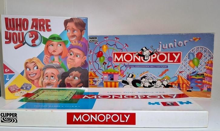 3 Bordspellen Wie ben ik, Junior Monopoly, Monopoly, € 14,99, Hobby en Vrije tijd, Gezelschapsspellen | Bordspellen, Gebruikt