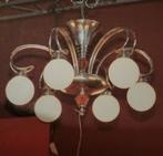 verzilverde Art Deco hanglamp met witte opaline bollen, Huis en Inrichting, Lampen | Kroonluchters, Ophalen, Gebruikt