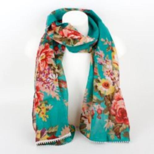 Turquoise sjaal met bloemen 50 x 165 cm leuk cadeau, Kleding | Dames, Mutsen, Sjaals en Handschoenen, Nieuw, Sjaal, Ophalen of Verzenden