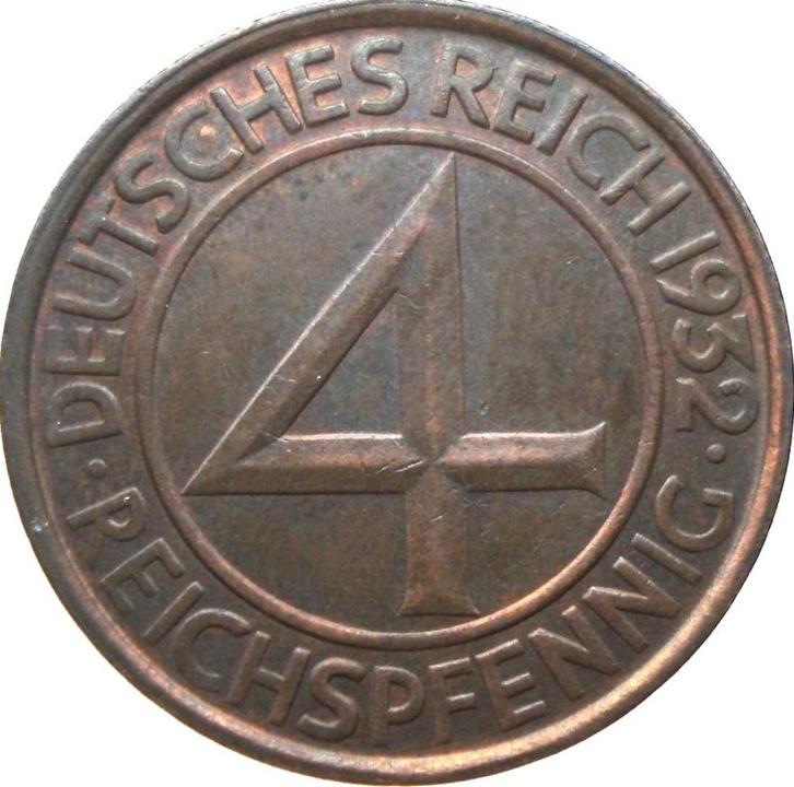 Duitsland - Duitse Rijk 4 reichspfennig 1932 (G, schaars), Postzegels en Munten, Munten | Europa | Niet-Euromunten, Losse munt