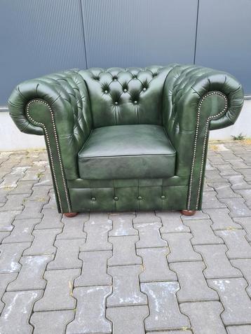 Chesterfield club fauteuil groen leer + BEZORGING GRATIS  beschikbaar voor biedingen