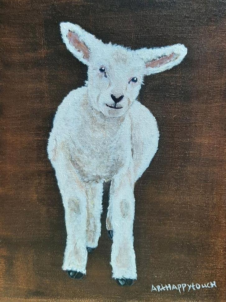 Schilderij Lammetje in warme tinten acryl op canvas, Antiek en Kunst, Kunst | Schilderijen | Modern, Ophalen of Verzenden