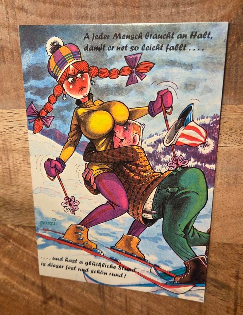Man op ski's vindt steun bij rondborstige vrouw, Verzenden, 1980 tot heden, Ongelopen, Overige thema's