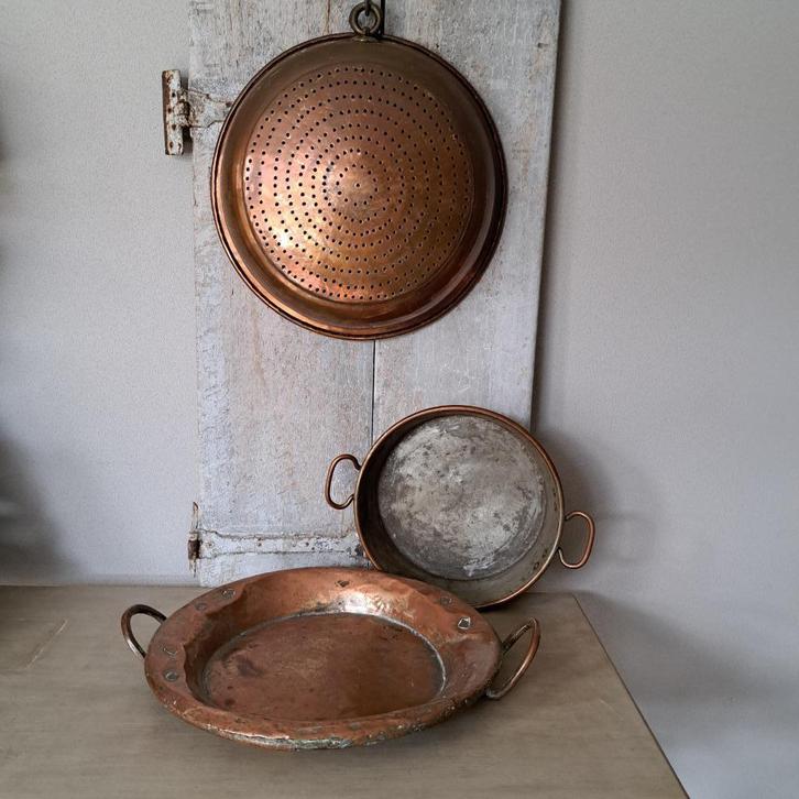 Oud brocante Franse koperen zeef schaal pan *Etage3*, Huis en Inrichting, Woonaccessoires | Overige, Gebruikt, Ophalen of Verzenden