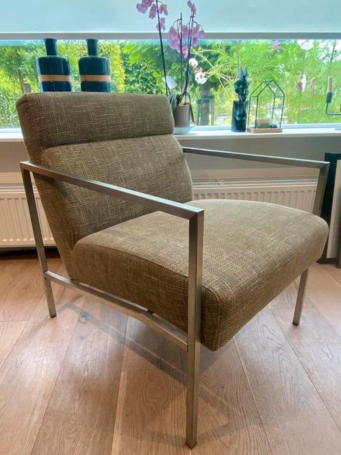 Goossens design fauteuil – RVS koker frame, Huis en Inrichting, Fauteuils, Gebruikt, Metaal, Stof, 50 tot 75 cm, 75 tot 100 cm