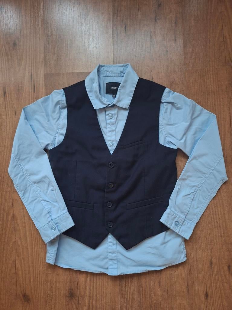 Feestkleding jongen maat 134/140, overhemd en gilet, Kleding | Heren, Kostuums en Colberts, Zo goed als nieuw, Overige maten, Blauw