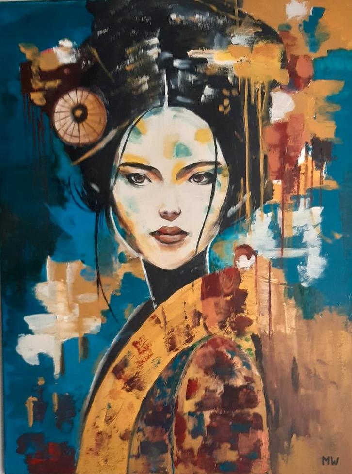 Geisha  80-60cm, Antiek en Kunst, Kunst | Schilderijen | Modern, Ophalen of Verzenden