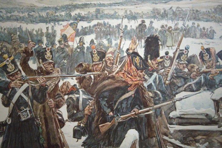 Hollandse infanterie bij de bruggen over de Berezina, 1812, Antiek en Kunst, Antiek | Schoolplaten, Geschiedenis, Ophalen