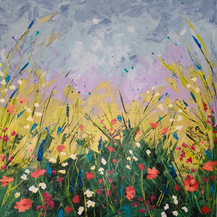 Schilderij bloemenweide 1 x 1 meter, Antiek en Kunst, Kunst | Schilderijen | Modern, Ophalen