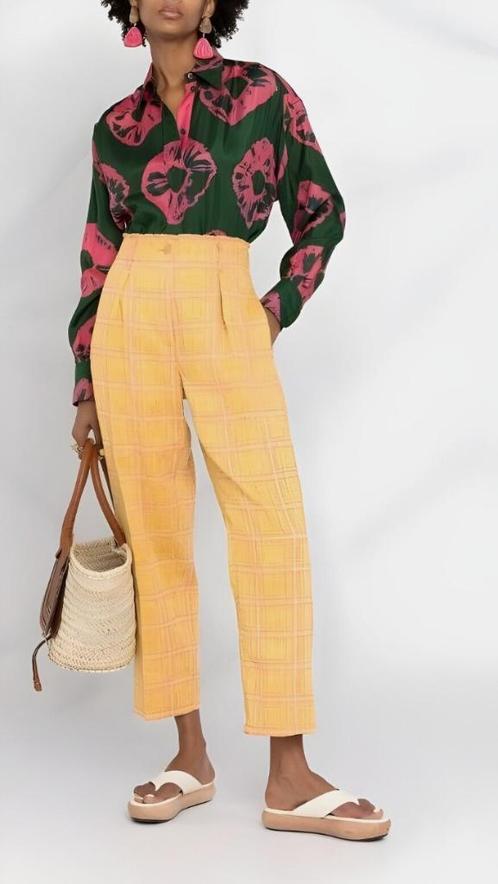 Forte_Forte mooie broek geel/rose jacquard S/M linnenmix, Kleding | Dames, Broeken en Pantalons, Gedragen, Maat 36 (S), Geel, Lang