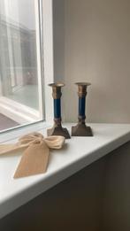 Vintage kandelaar set messing met blauwe voet, Huis en Inrichting, Overige materialen, Gebruikt, Blauw, Ophalen of Verzenden