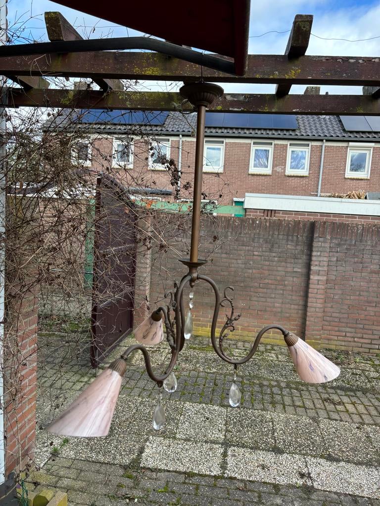 Vintage kroonluchter met glazen kappen en kristallen, Ophalen of Verzenden