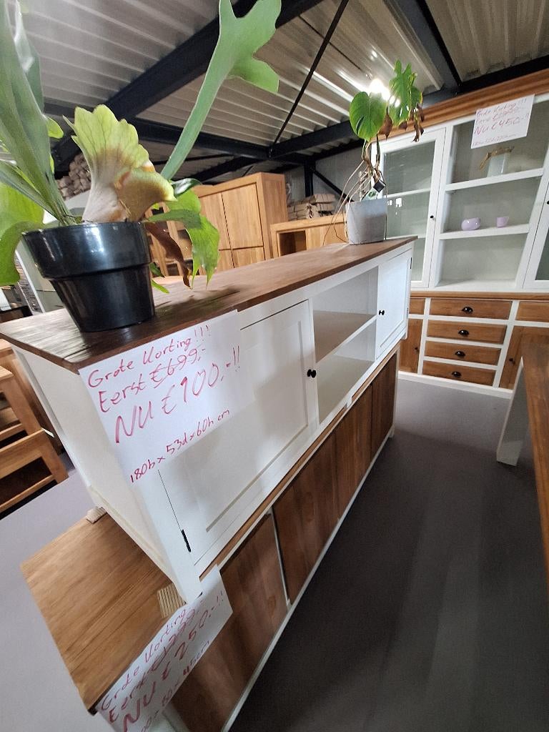 Grote landelijke dressoir met massief teak houten blad, Ophalen, Met deur(en), 150 tot 200 cm, Teakhout