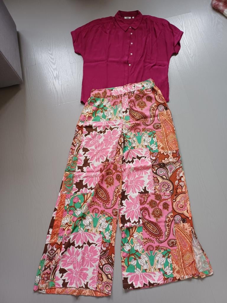 Prachtige set flared broek en blouse paars roze lila 38 40, Kleding | Dames, Ophalen of Verzenden, Zo goed als nieuw, Maat 38/40 (M)