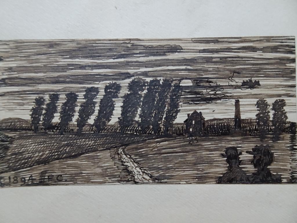 pentekening man vrouw kijkend ondergaande zon 1893, EC, Antiek en Kunst, Verzenden