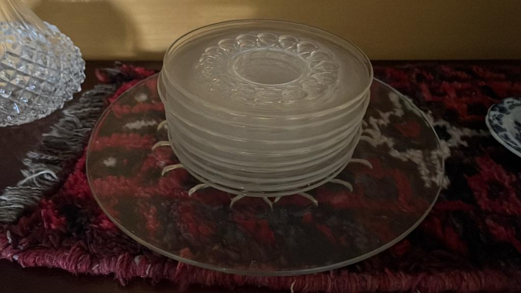 Vintage Glazen Gebakstel - 6 Gebaksbordjes en Schaal, Antiek en Kunst, Antiek | Glas en Kristal, Ophalen