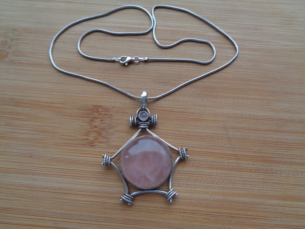 zilveren ketting met grote zilveren hanger rozenkwarts [265], Verzenden, Zo goed als nieuw, Met edelsteen, Zilver