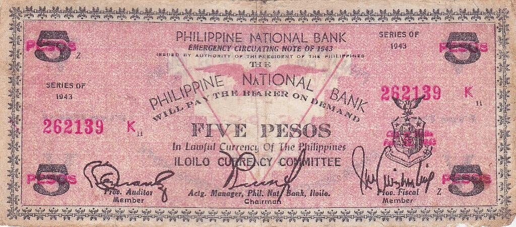 PHILIPPINE NATIONAL BANK FIVE PESOS 1943, Ophalen of Verzenden, Overige landen