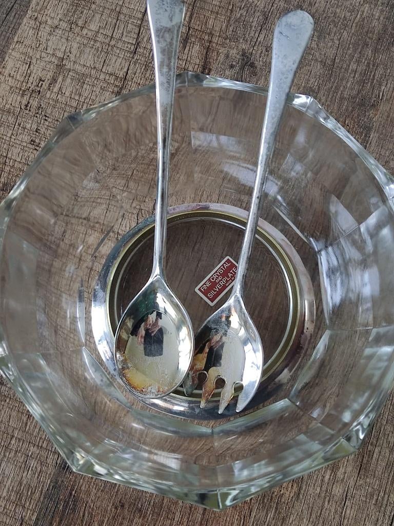 Kristallen schaal met verzilverde scheplepels, Ophalen of Verzenden, Nieuw, Rond, Overige materialen