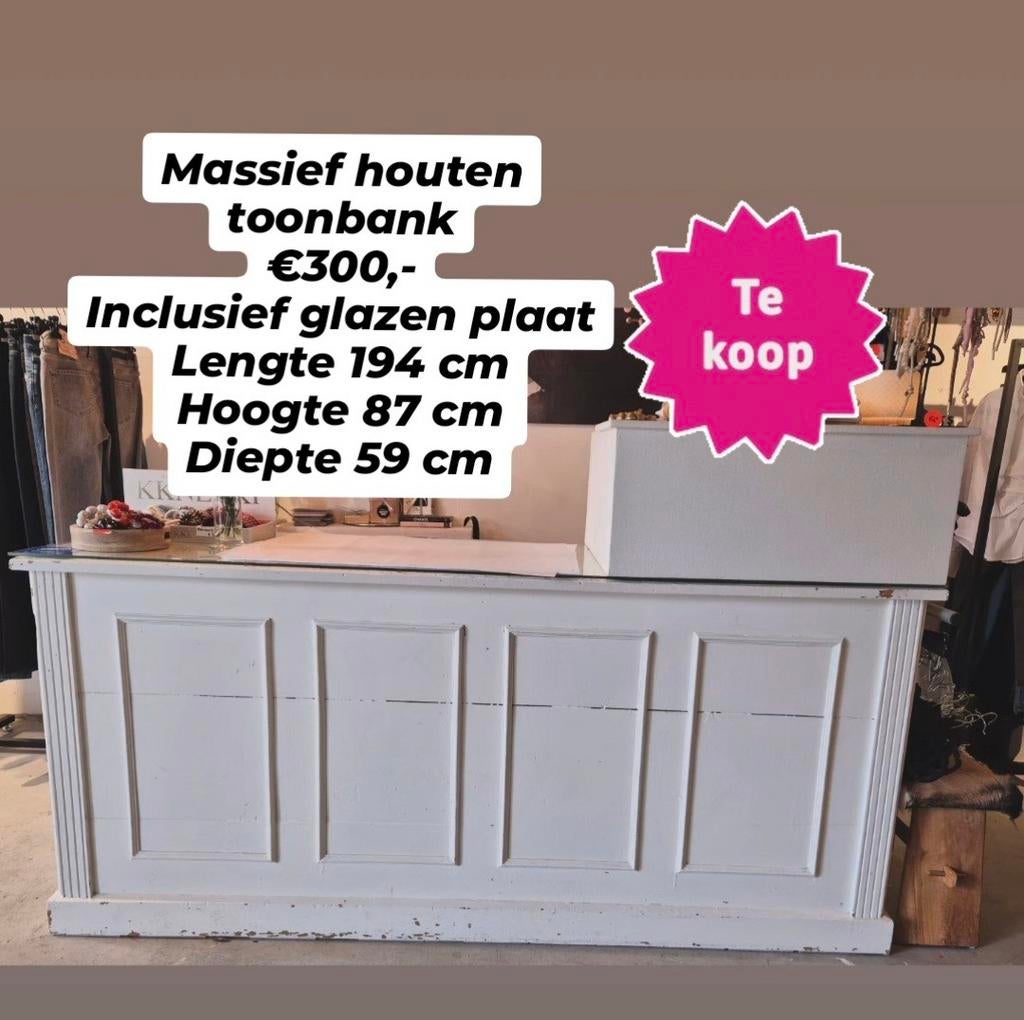 Toonbank massief hout, wit, glazenplaat, veel bergruimte, Ophalen