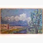 Oud schilderij 36x60 vnl. geschild. met verftube+paletmes h4, Ophalen of Verzenden