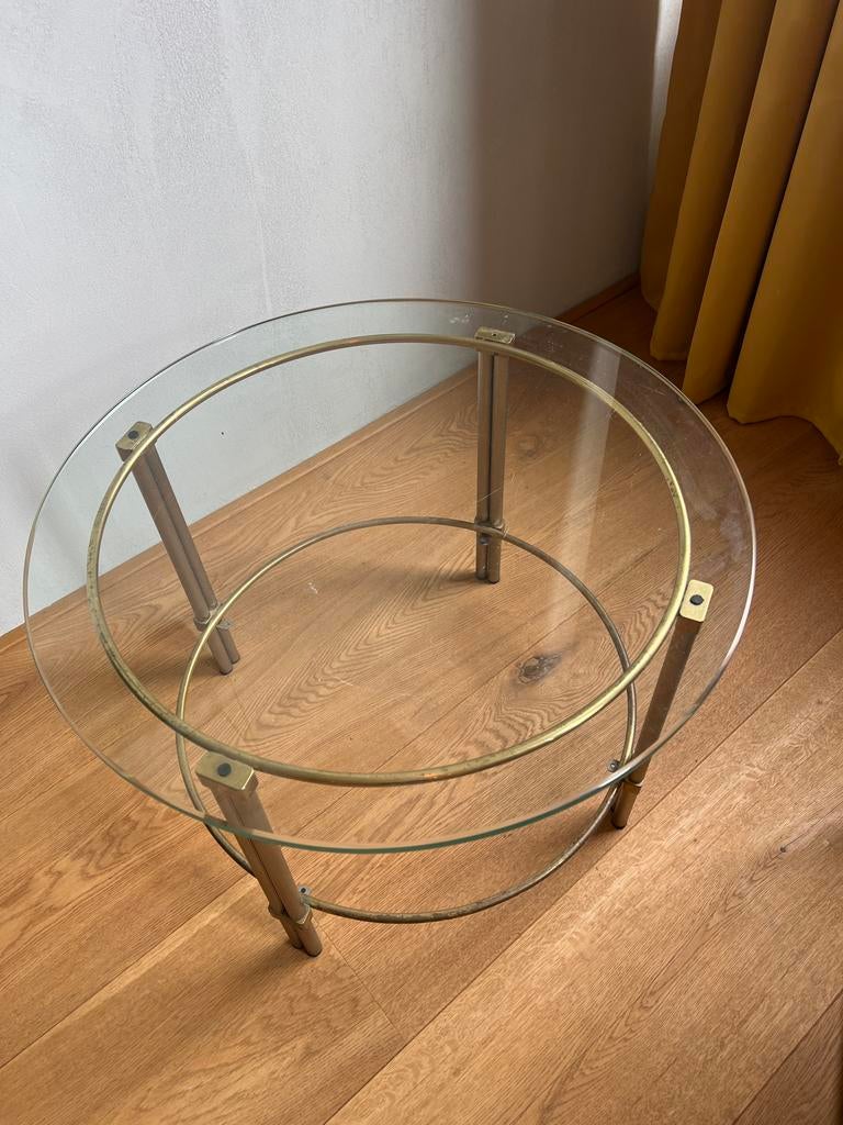 Glazen bijzettafel met messing frame, Ophalen, Minder dan 45 cm, Minder dan 55 cm, Gebruikt