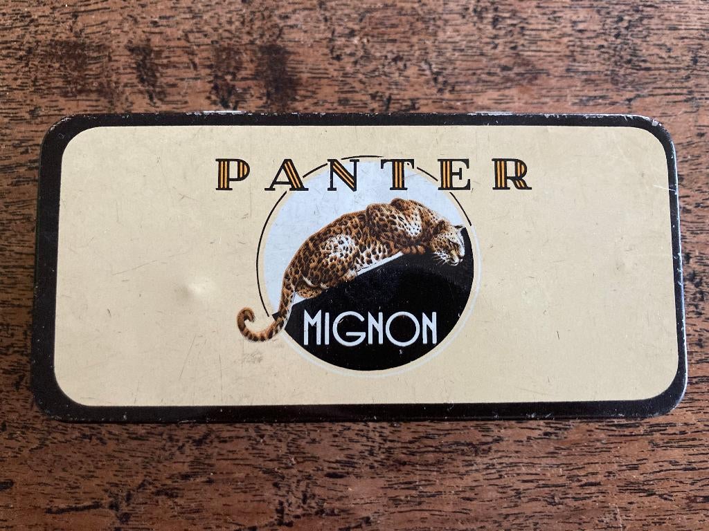 Brocante sigarenblikje Panter Mignon, Verzamelen, Blikken, Gebruikt, Overige, Overige merken, Ophalen of Verzenden