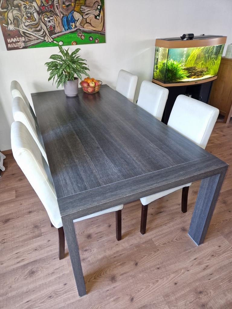 Complete Eethoek (tafel + 6 leren stoelen), Huis en Inrichting, Complete eetkamers, Ophalen, Gebruikt, 4 tot 6 stoelen