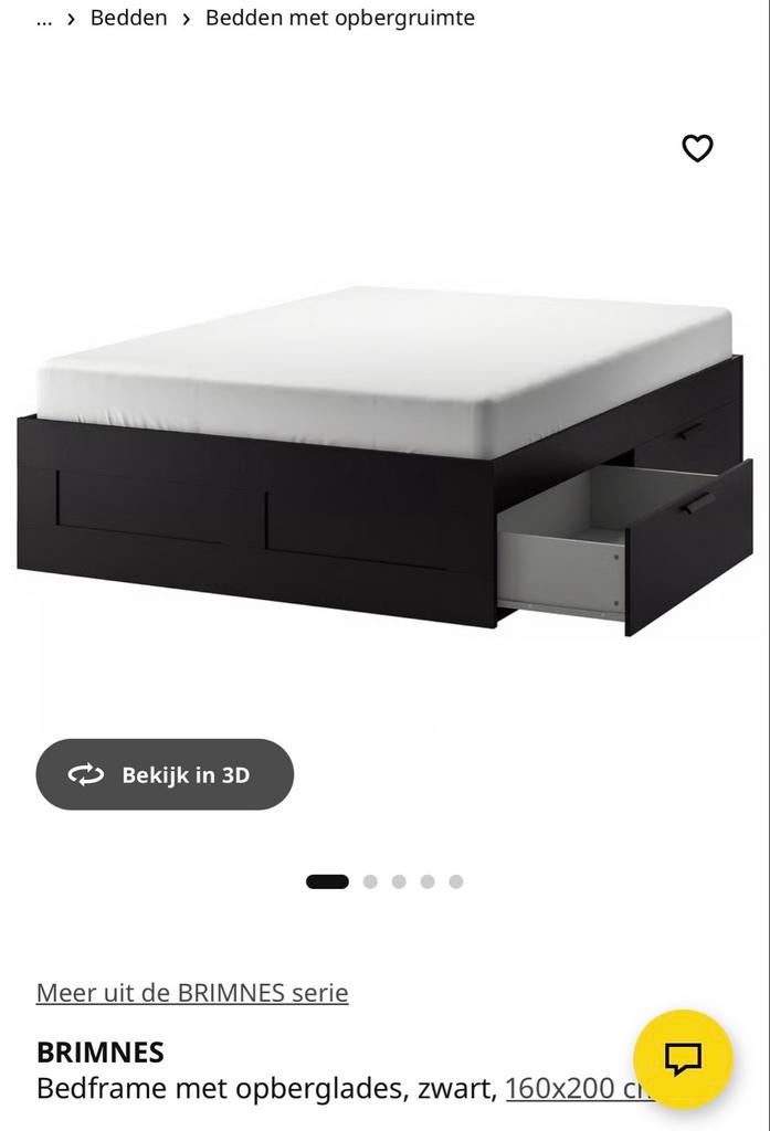 BRIMNES bedframe met opberglades, zwart, 160x200 cm, Ophalen, Gebruikt, Zwart, Tweepersoons