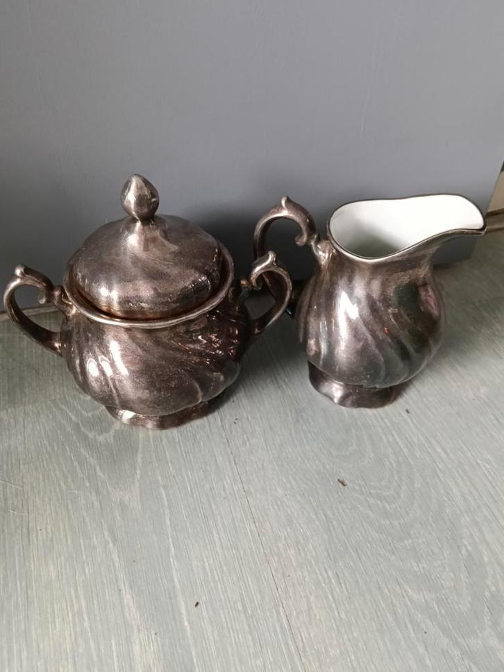 Zeldzaam WMF Silver Overlay Suikerpot en Melkkan (ca. 1920), Antiek en Kunst, Antiek | Goud en Zilver, Zilver, Ophalen of Verzenden