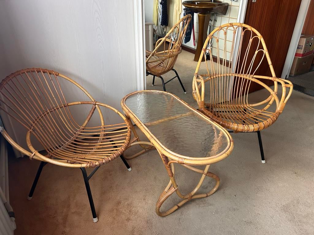 Vintage rotan zitgroep met glazen salontafel Rohé, Ophalen, Overige materialen, Gebruikt, 100 tot 150 cm