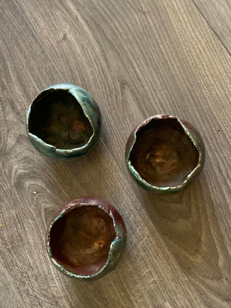 3 waxinelichtjes houders, Raku keramiek, Ophalen of Verzenden, Gebruikt, Overige materialen, Minder dan 25 cm