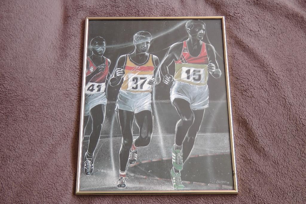 Sportprint met Hardlopers (Wiersma) in lijst met glasplaat, Minder dan 50 cm, Ophalen of Verzenden, Oorspronkelijke maker, 50 tot 75 cm