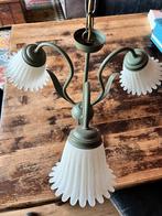 Vintage hanglamp met melkglazen kelkjes - groen/beige, Gebruikt, Ophalen of Verzenden, Glas, Landelijk klassiek bohemian